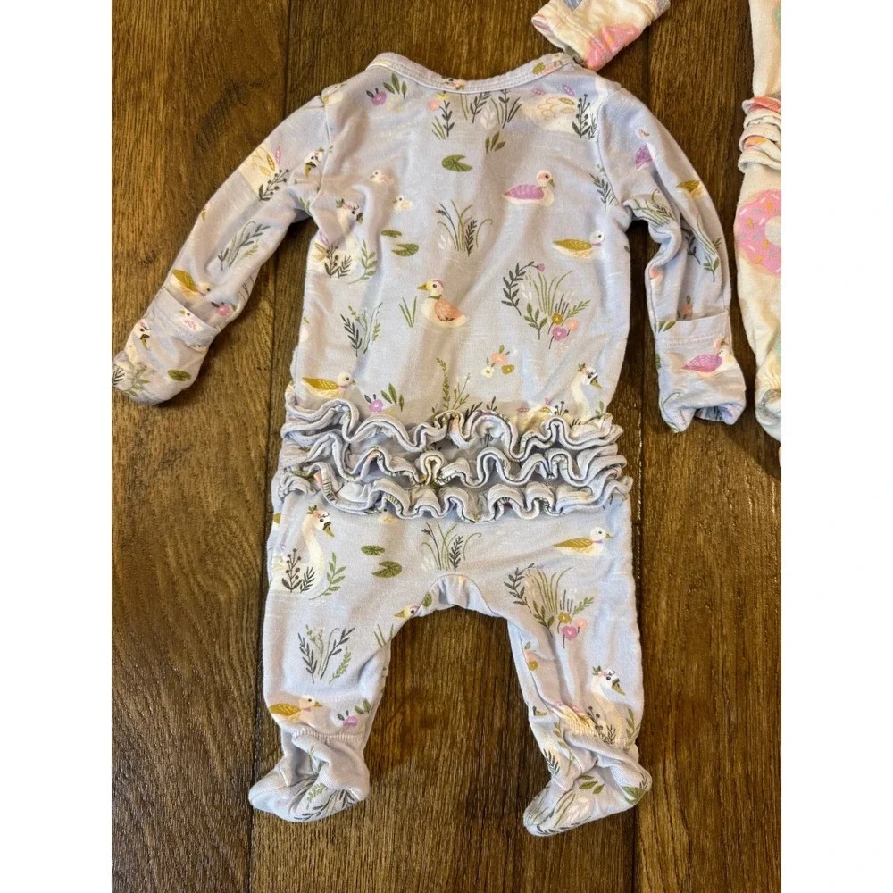 Angel Dear Newborn Baby Girl Bamboo Sleepers Ruffle Bottom Swan Donuts Bundle